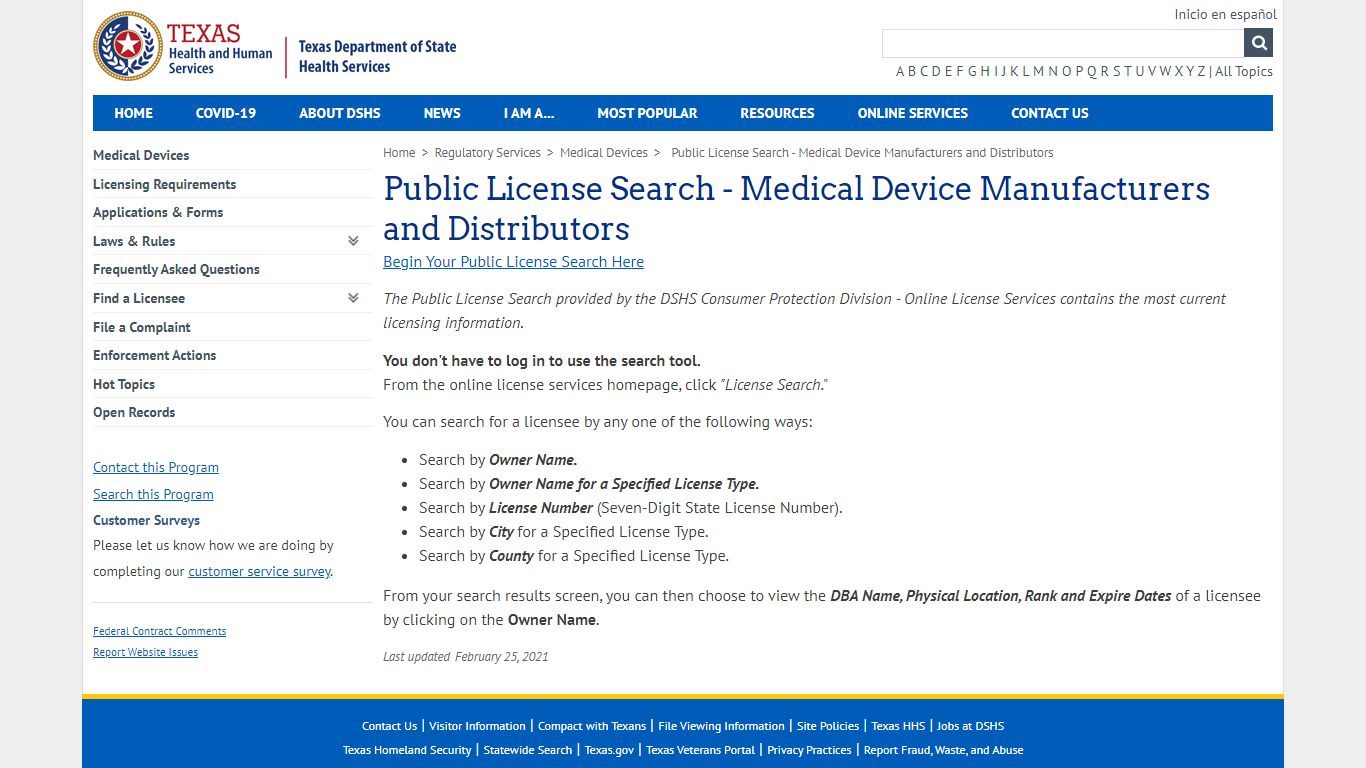 Public License Search - Medical Device Manufacturers and Distributors